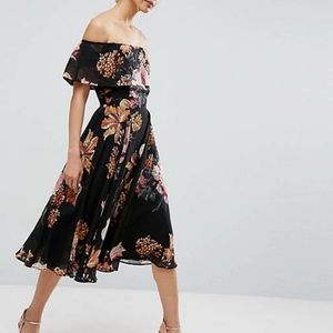 ASOS black floral bardot midi dress